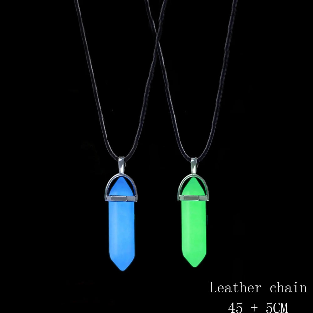 Two pendant necklaces, one blue and one green, on black leather chains with text indicating length.