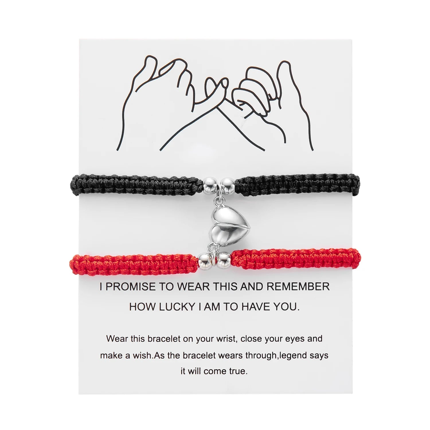 Black and red braided bracelets with a silver heart charm on a white card with text.