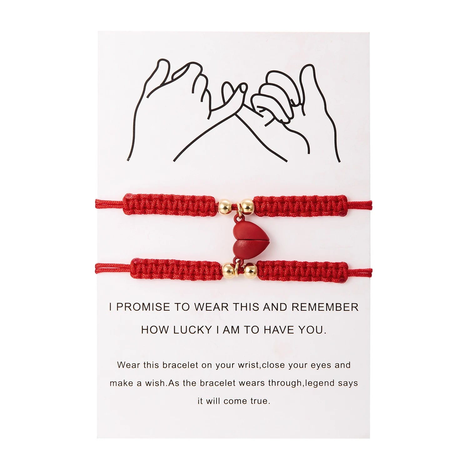 Red bracelet with a heart charm on a white card with text and line drawing of hands.