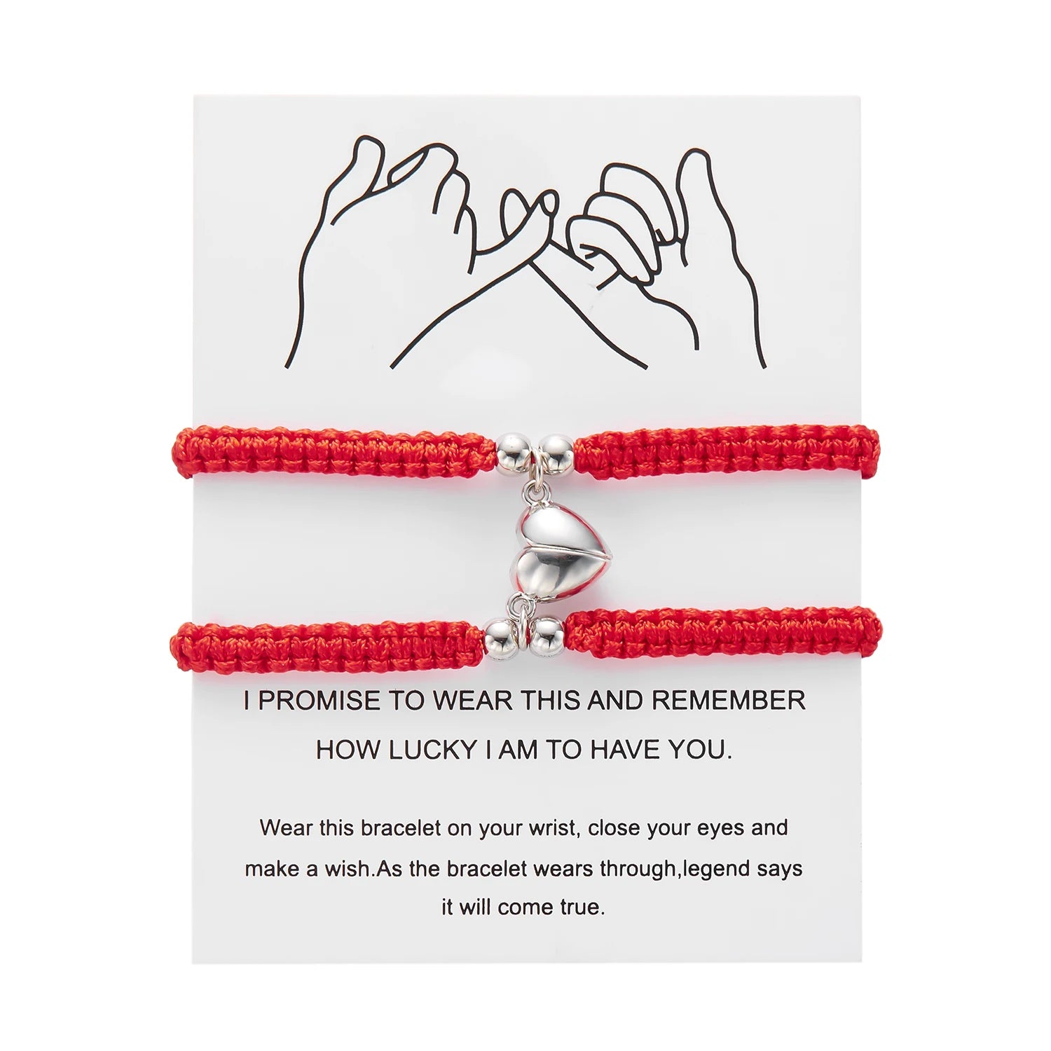 Red bracelet with a heart charm on a white card with text