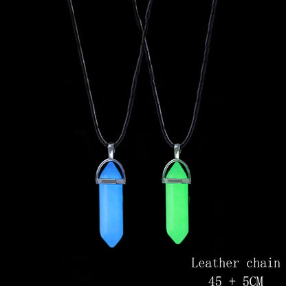 Two pendant necklaces, one blue and one green, on black leather chains with text indicating length.