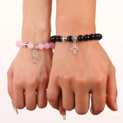 Pink Crystal Beads Couple Bracelet Set – Matching Lovers Jewelry