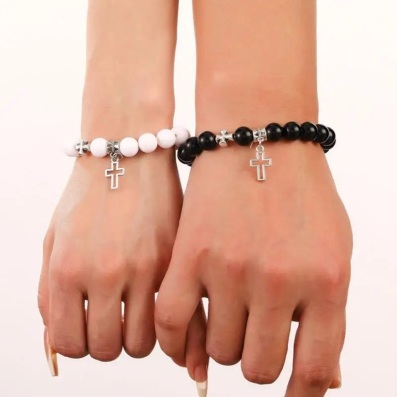 Pink Crystal Beads Couple Bracelet Set – Matching Lovers Jewelry