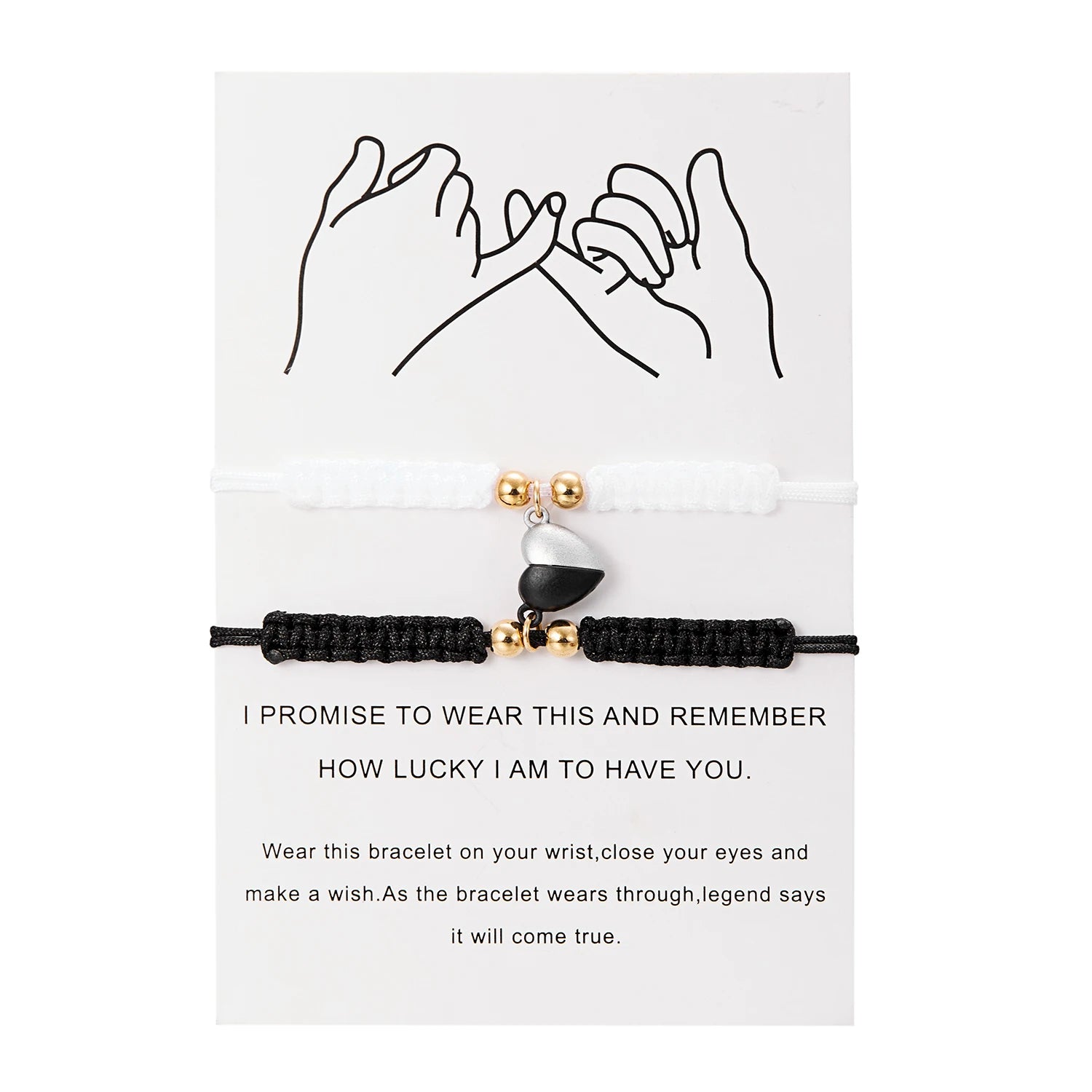 Bracelet with black cord and gold beads on a card with text and hand illustrations