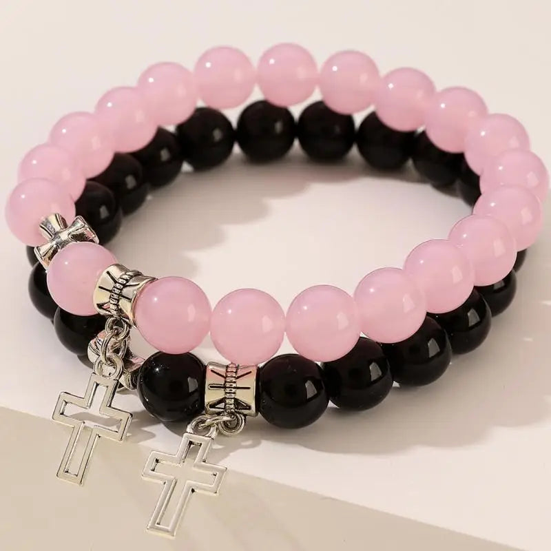 Pink Crystal Beads Couple Bracelet Set – Matching Lovers Jewelry