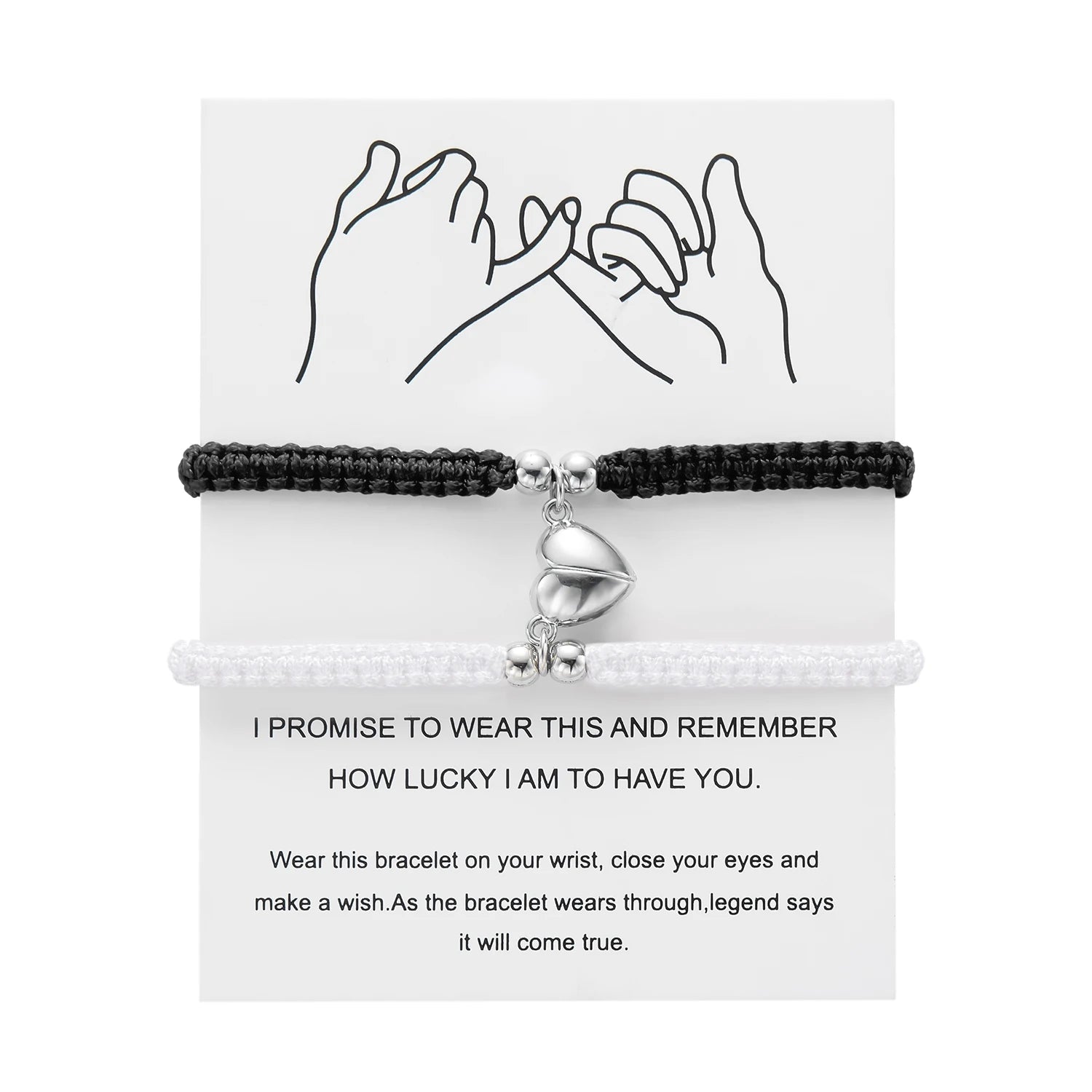 Black braided bracelet with a silver heart charm on a white card with text