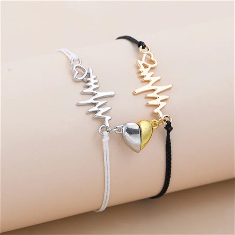 Couple Magnetic Charm Bracelets – Handwoven Rope with Heart Design