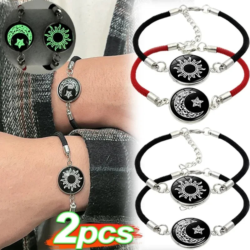 Luminous Sun Moon Braided Couple Bracelets – Glow-in-the-Dark Set