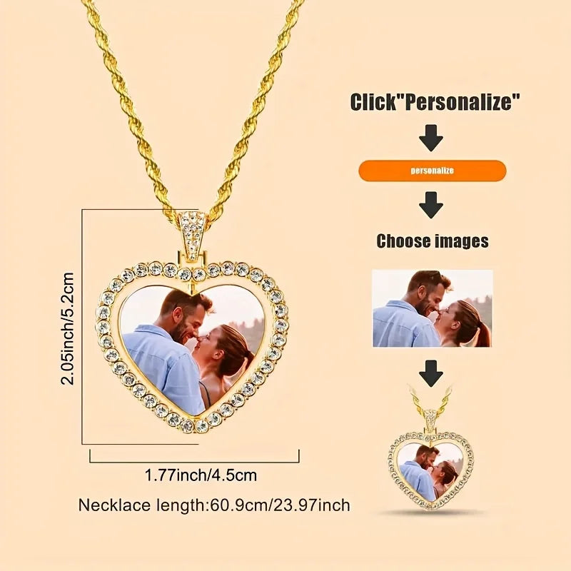 Heart-shaped photo pendant necklace with customization options on a beige background