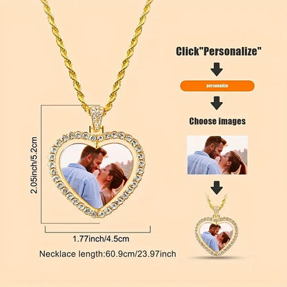 Heart-shaped photo pendant necklace with customization options on a beige background